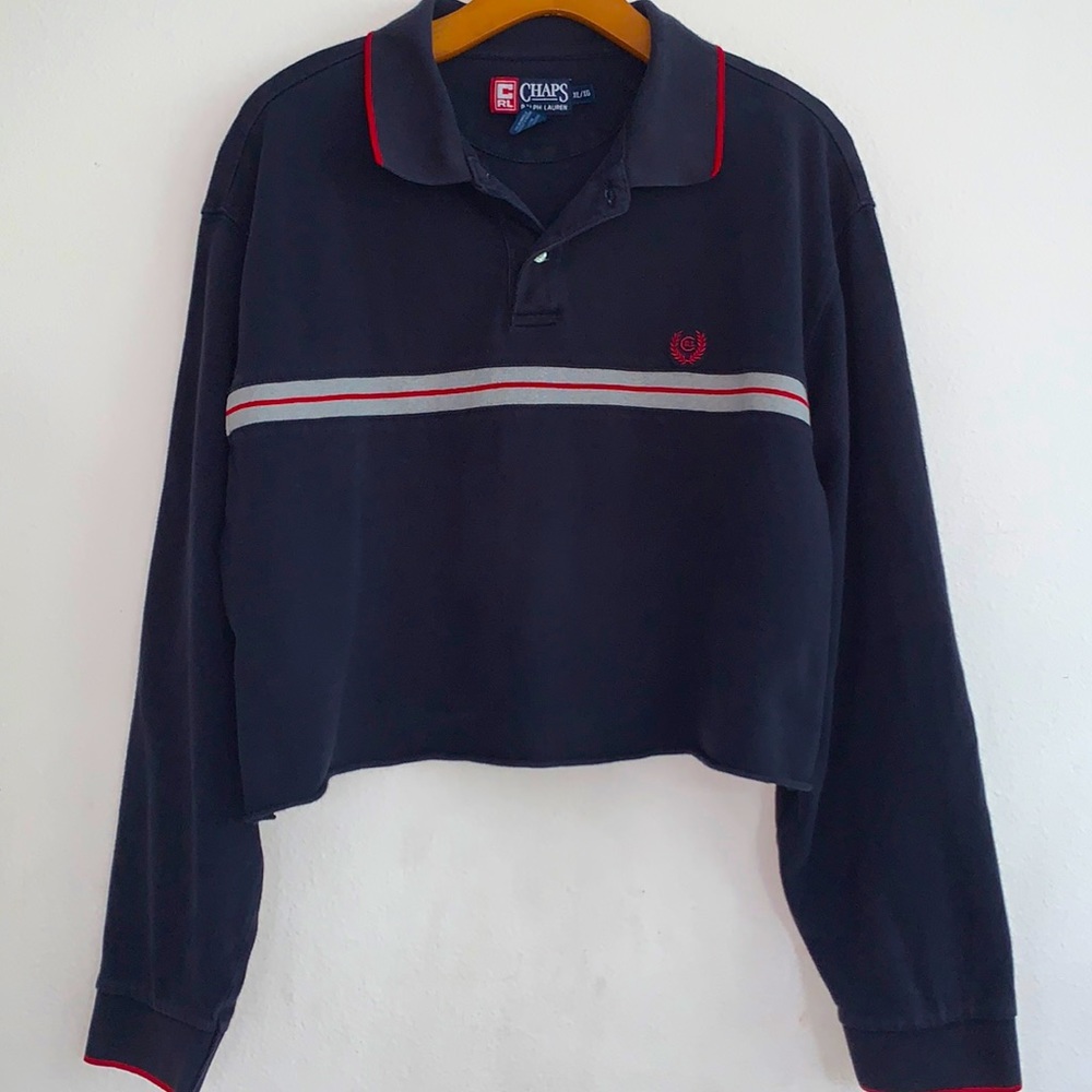 Vintage CHAPS Ralph Lauren Long Sleeve Cropped Blue Shirt Gray Red Stripe XL